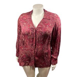 Lane Bryant Women’s Silk Button Blouse 18/20 Red Paisley Collared Office Classic